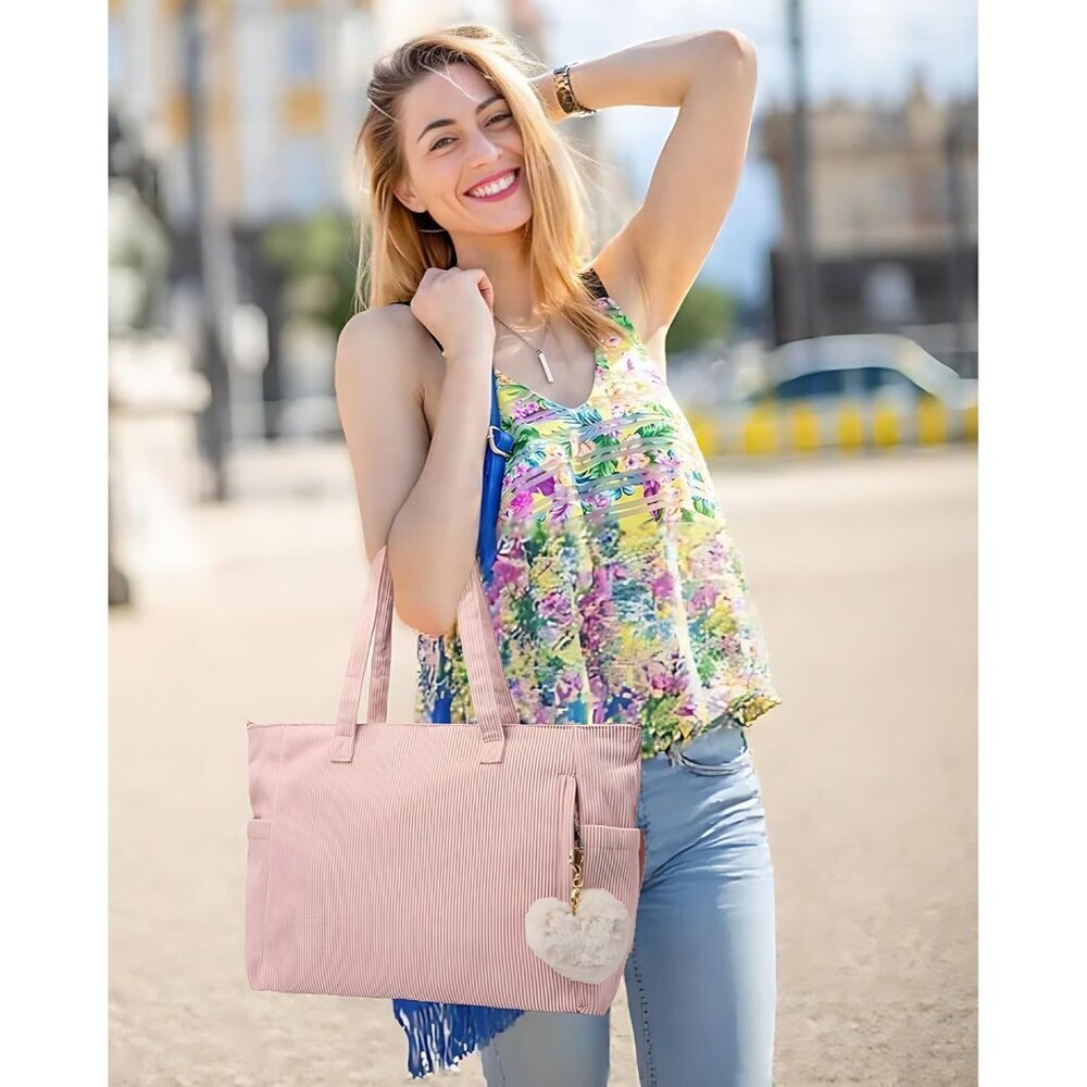 Women Pink Corduroy With Polyester Fiber Lining Shoulder Handbag with Pouch - Picture 8 of 8
